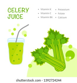 Glass with celery juice. Natural vegetable drink, healthy organic food. Nice vector illustration.