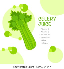 Glass with celery juice. Natural vegetable drink, healthy organic food. Nice vector illustration.