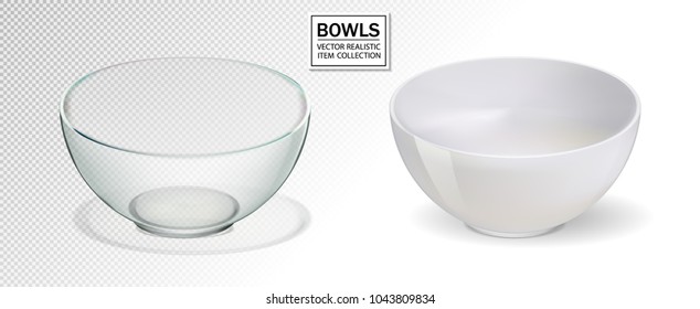 Glass and ceramic bowl set vector illustration. Realistik bowl on transparent backgraund. 3d