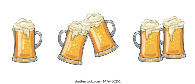 Glass or ceramic mugs filled of golden light beer with overflowing froth heads. Isolated on white background, for brewery emblem or beer party design