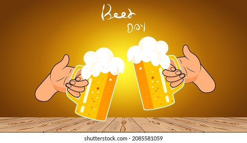 Glass or ceramic mugs filled of golden light beer with overflowing froth heads. Isolated on white background, for brewery emblem or beer party design
