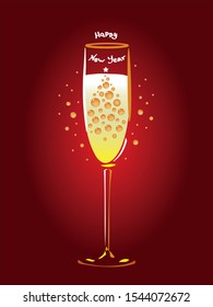 A glass of champagne with bubbles in the form of a Christmas tree and the inscription "Happy New Year!" Red background.
