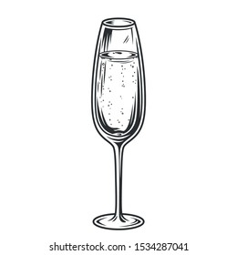 Glass of champagne with bubbles monochrome vector