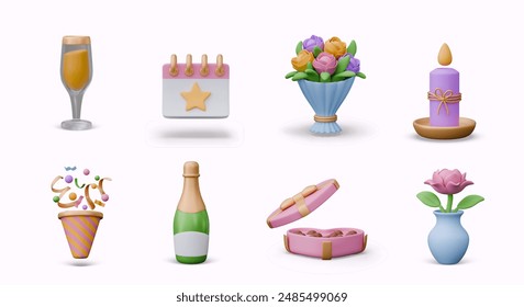 Glass of champagne, calendar, bouquet, candle, cone cracker, bottle of wine, chocolates, flower