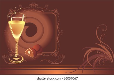 Glass with champagne and chocolate candies. Background for wrapping. Vector