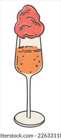 A glass of champagne with cotton candy. A sparkling wine. Vector illustration in a flat style.