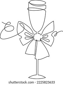 Glass of champagne decorated with a serpentine bow. Christmas decoration. Continuous line drawing. Vector illustration