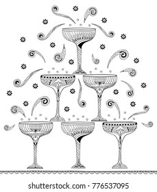 Glass with champagne. Doodle and zentangle style. Hand drawn coloring book. Vector illustration.