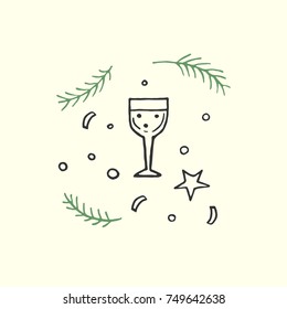 Glass with champagne, falling confetti, fir tree branches and star. Christmas and New Year greeting card in free hand style.