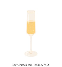 Glass of champagne. Festive decor. Celebration toast. Alcoholic drink. Flat illustration on white background.