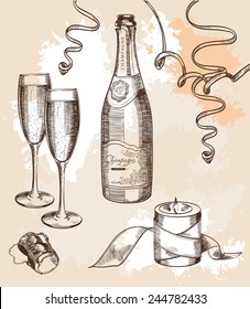 glass of champagne and a festive mood set of vector sketches