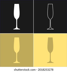 Glass champagne. Four types of images. Contour line art in flat style. Silhouette wine glasses on a color background. Restaurant alcoholic illustration for celebration design. Beverage outline icon.
