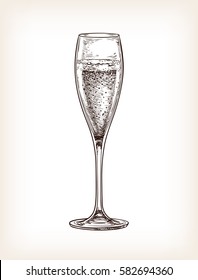 Glass of champagne. Hand drawn vector illustration. Retro style.