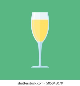 Glass of champagne isolated on green background. Wine flat style icon. Vector illustration.