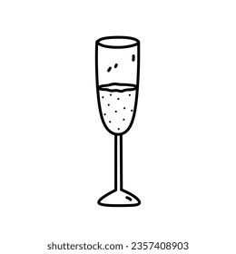 A glass of champagne isolated on white background. Alcoholic beverage. Vector hand-drawn illustration in doodle style. Perfect for cards, menu, decorations, logo, various designs.