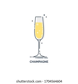 Glass champagne line art in flat style. Restaurant alcoholic illustration for celebration design. Design contour element. Beverage outline icon. Isolated on white background in graphic style. Vector
