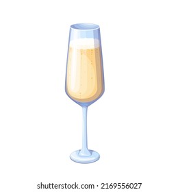 Glass with champagne, luxury alcohol drink with bubbles vector illustration. Cartoon isolated sparkling alcoholic grape wine in clear wineglass