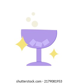 Glass of champagne or martini. Vector flat illustration on isolated background. Cocktail with ice. 