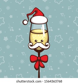 Glass of champagne with mustache, santa hat and bow-tie. New year cartoon character on seamless winter background. Template for christmas card and invitation.