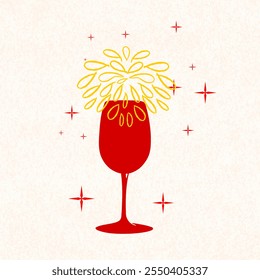 Vaso de champán Fiesta de víspera del año Nuevo con confeti, tostada de champán, copa de vino, silueta de botella Archivos cortados Cricut, celebración, Ilustración vectorial, dibujado a mano Vino del año Nuevo, Cheers, fiesta 