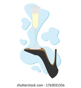 A glass of champagne on a woman shoe. Sketch on the background of an abstract pattern.