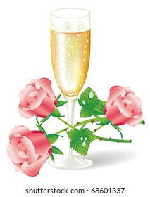 Glass of champagne with pink roses (vector)