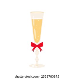 Glass of champagne with red bow. Festive decor. Celebration toast. Alcoholic drink. Flat illustration on white background.