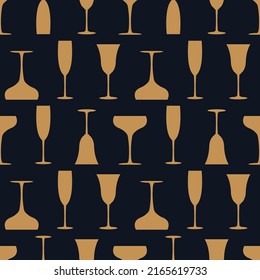 Glass of champagne seamless pattern in art deco style. Alcohol drink glasses set in style of the 1920s-1930s. Vintage design for print on wrapping paper, wallpaper, fabric. Vector illustration