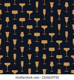 Glass of champagne seamless pattern in art deco style. Alcohol drink glasses set in style of the 1920s-1930s. Vintage design for print on wrapping paper, wallpaper, fabric. Vector illustration