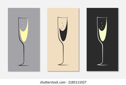 Glass of champagne. Set of three variants in different colors. Minimalist trendy contemporary design. Best for web, print, logo creating and branding design. Sparkling wine logotype concept.