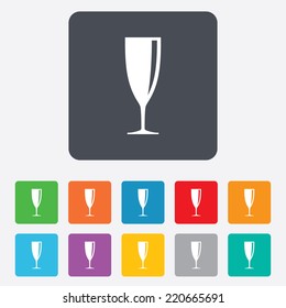 Glass of champagne sign icon. Sparkling wine. Celebration or banquet alcohol drink symbol. Rounded squares 11 buttons. Vector