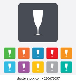 Glass of champagne sign icon. Sparkling wine. Celebration or banquet alcohol drink symbol. Rounded squares 11 buttons. Vector
