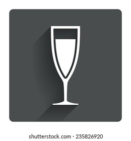 Glass of champagne sign icon. Sparkling wine. Celebration or banquet alcohol drink symbol. Gray flat square button with shadow. Modern UI website navigation. Vector