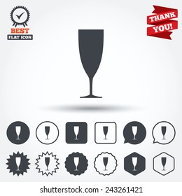 Glass of champagne sign icon. Sparkling wine. Celebration or banquet alcohol drink symbol. Circle, star, speech bubble and square buttons. Award medal with check mark. Thank you ribbon. Vector