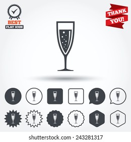 Glass of champagne sign icon. Sparkling wine with bubbles. Celebration or banquet alcohol drink symbol. Circle, star, speech bubble and square buttons. Award medal with check mark. Thank you. Vector
