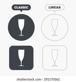 Glass of champagne sign icon. Sparkling wine. Celebration or banquet alcohol drink symbol. Classic and line web buttons. Circles and squares. Vector