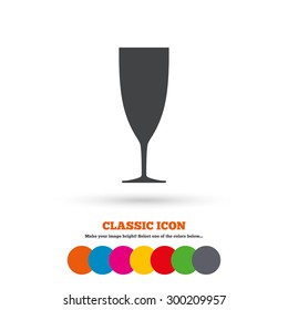 Glass of champagne sign icon. Sparkling wine. Celebration or banquet alcohol drink symbol. Classic flat icon. Colored circles. Vector