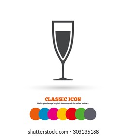 Glass of champagne sign icon. Sparkling wine. Celebration or banquet alcohol drink symbol. Classic flat icon. Colored circles. Vector