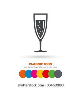 Glass of champagne sign icon. Sparkling wine with bubbles. Celebration or banquet alcohol drink symbol. Classic flat icon. Colored circles. Vector