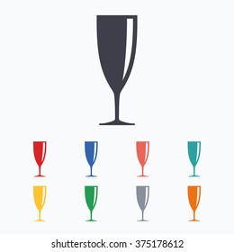 Glass of champagne sign icon. Sparkling wine. Celebration or banquet alcohol drink symbol. Colored flat icons on white background.