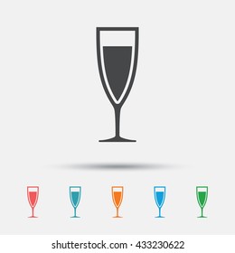 Glass of champagne sign icon. Sparkling wine. Celebration or banquet alcohol drink symbol. Graphic element on white background. Colour clean flat champagne icons. Vector