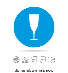 Glass of champagne sign icon. Sparkling wine. Celebration or banquet alcohol drink symbol. Copy files, chat speech bubble and chart web icons. Vector