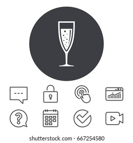 Glass of champagne sign icon. Sparkling wine with bubbles. Celebration or banquet alcohol drink symbol. Calendar, Locker and Speech bubble line signs. Video camera, Statistics and Question icons