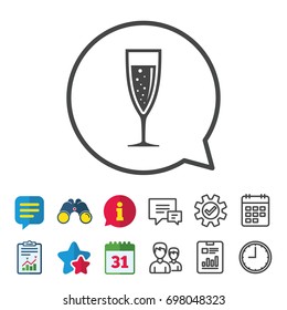 Glass of champagne sign icon. Sparkling wine with bubbles. Celebration or banquet alcohol drink symbol. Information, Report and Calendar signs. Group, Service and Chat line icons. Vector