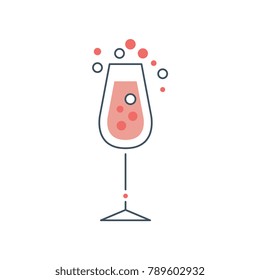 Glass of champagne or sparkling wine with bubbles. Alcoholic cocktail concept. Trendy icon with black outline and red fill color. Isolated flat vector design