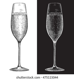 Glass Of Champagne Or Sparkling Wine. Hand Drawn Sketch. Vector Illustration