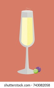 A glass with champagne and two grapes. Isolated glass. Vector illustration.