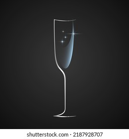 Vidrio de la ilustración plana vectorial del champán. Arte de línea brillante plateado sobre fondo negro. Mejor para web, logotipo, carteles, tarjetas, decoración de barras, concepto de menú y diseño de marca.