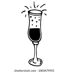 Glas Champagner-Vektorsymbol. Einzige Illustration auf weißem Hintergrund. Handgezeichnetes Doodle. Schwarze Silhouette aus einer Tasse mit funkelndem Alkohol. Kohlensäurehaltiges Getränk. Cocktail Line Art. Monochrome.