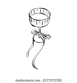 Glass of champagne or wine. Hand drawn line art of coquette aesthetic element. Drink with ribbon and bow in crayon and sketch. La dolce vita italian style. Doodle vector illustration